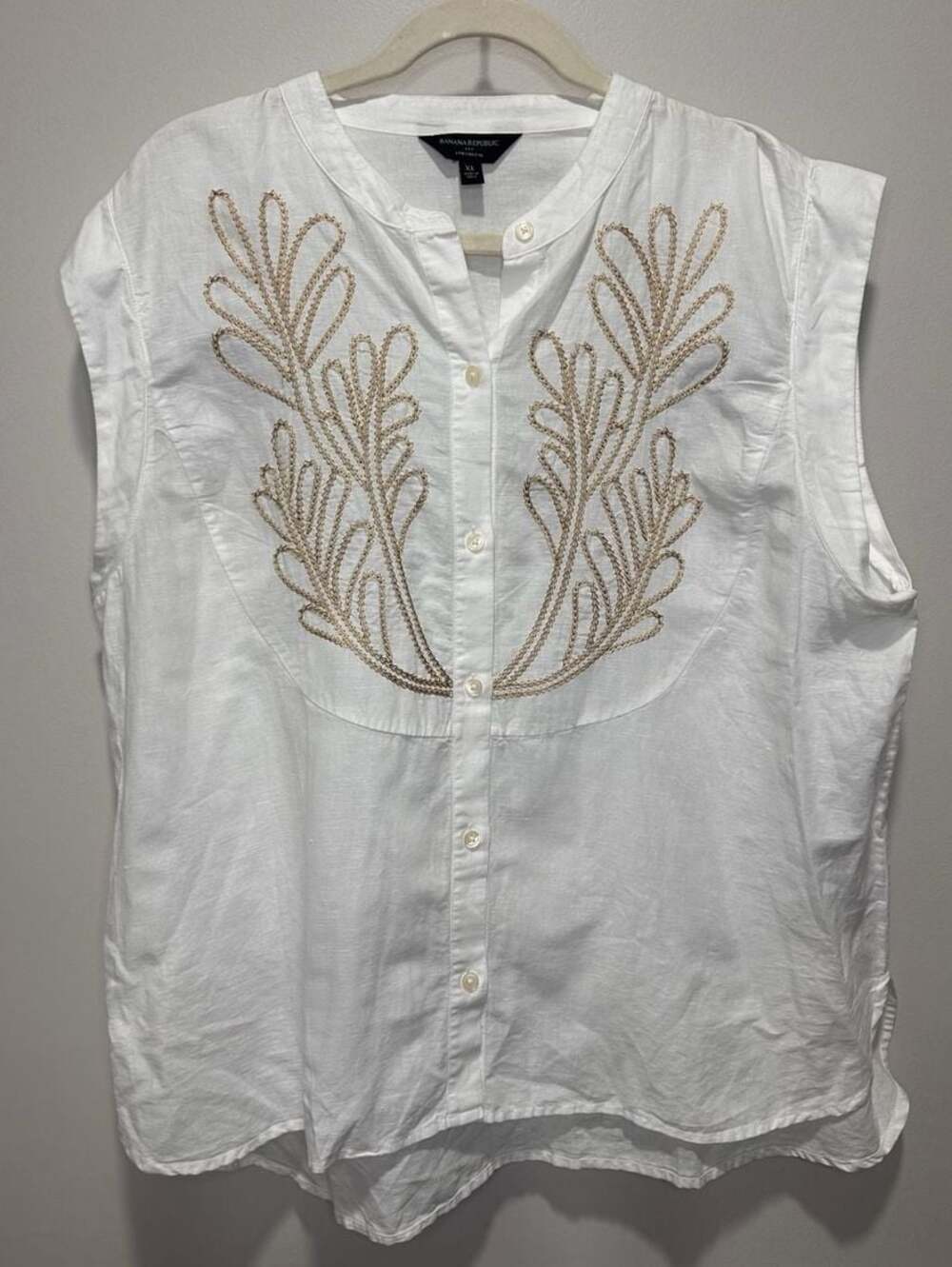 Banana Republic Sleeveless Embroidered Linen Blend Button-Front Top, Sz XL